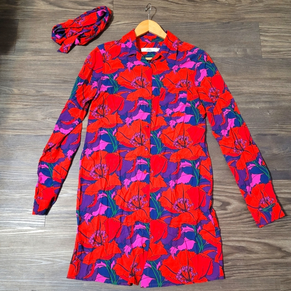 0039 ITALY Womens Floral Long-Sleeve B7tton Up Shirt Dress with Belt XS Flowy